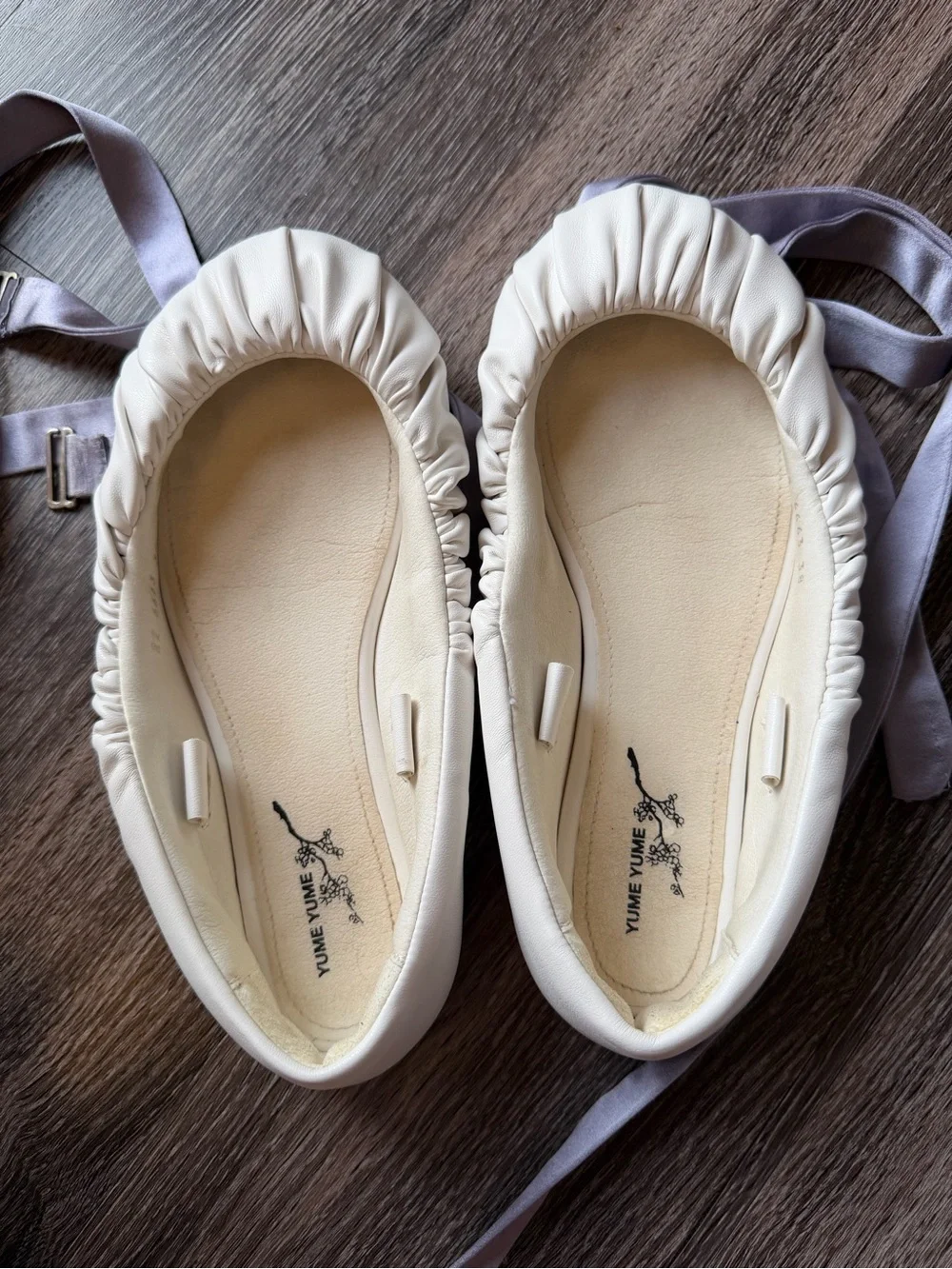 Yume Yume Cream Ballet Flats with Gray Satin Ribbon